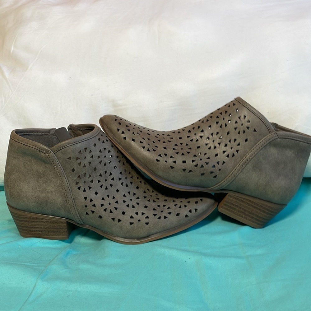 Taupe Ankle Boots with Perforated Design and Stacked Heel